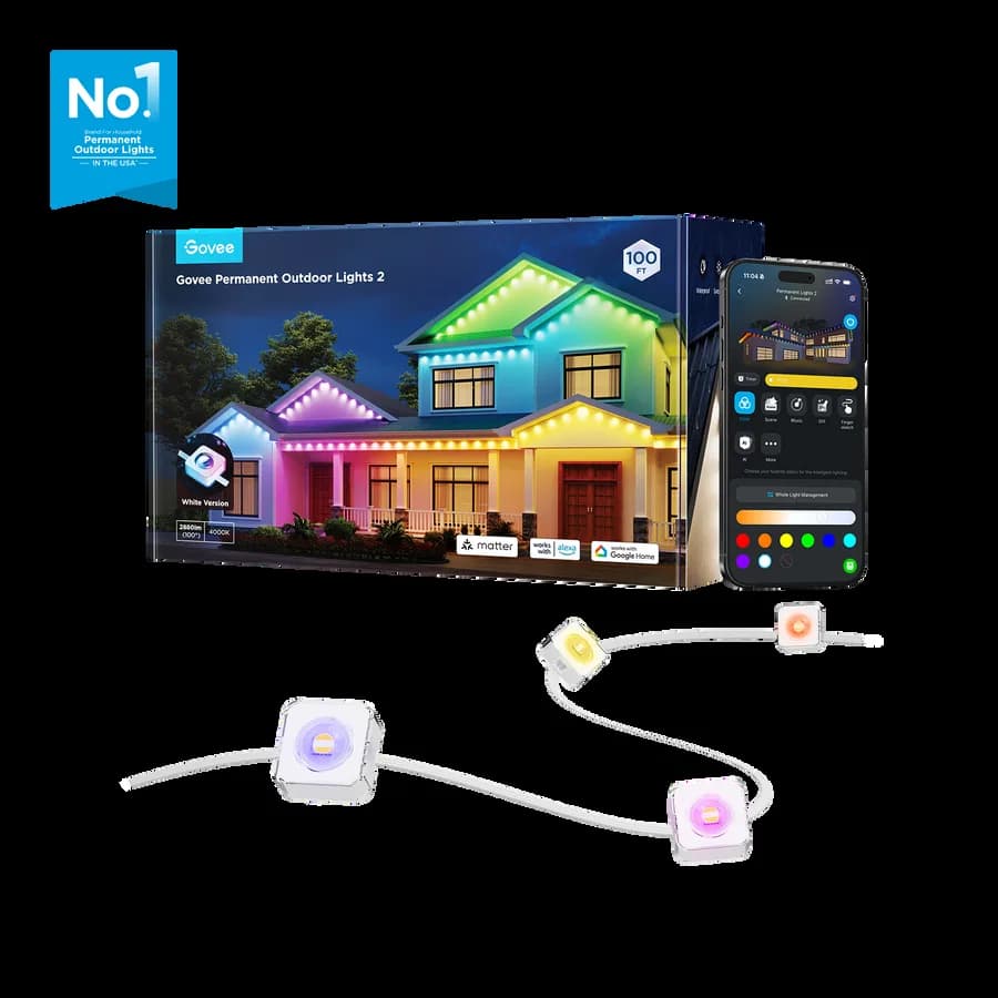 Govee Permanent Outdoor Lights 2 (Elite) box with its square puck lights (official Govee product image)