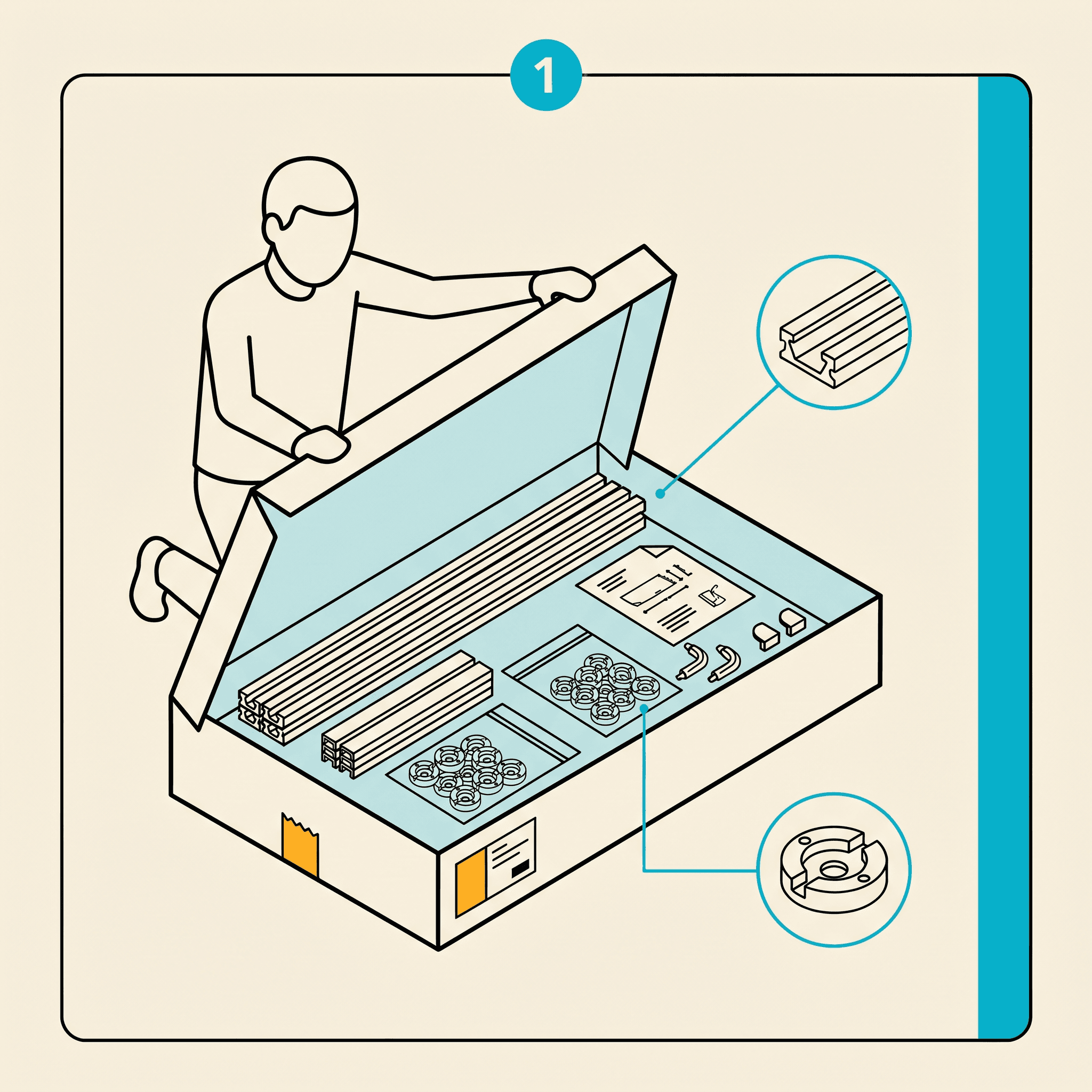 Illustrated panel showing a person opening a GeauxTrax kit shipping box revealing stacks of base track, cover track, end caps, and a spec sheet.