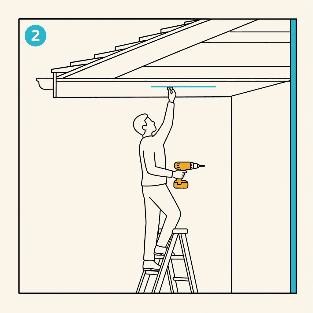 Illustrated panel showing a person on a stepladder marking and measuring along a soffit under the roofline.