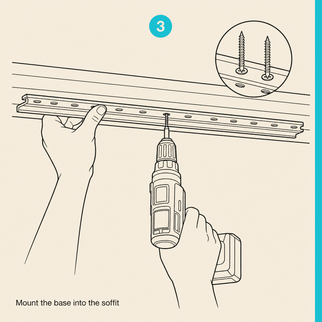 Illustrated panel showing hands using a cordless drill to drive screws through the pre-punched slots of a Screen Tight 1.5-inch porch base strip up into a soffit board.