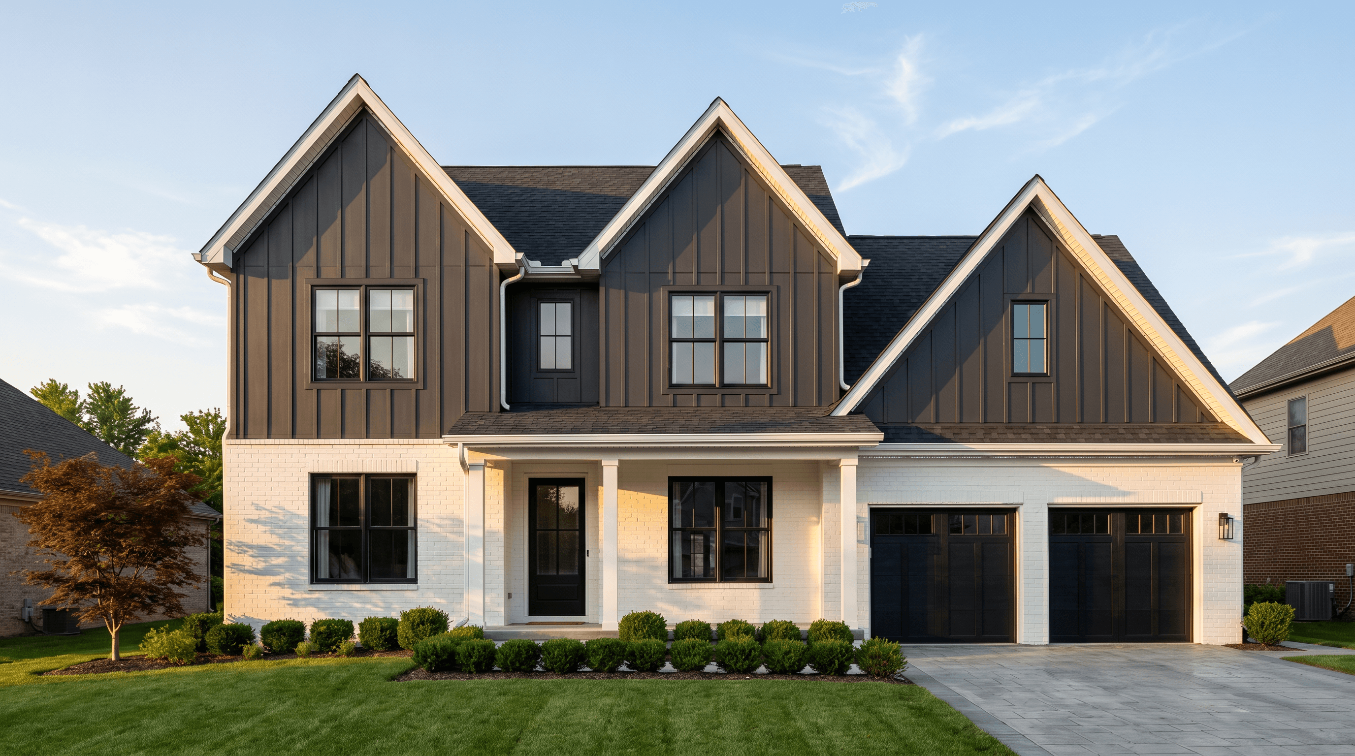Modern two-story home in daylight with GeauxTrax track installed cleanly along the rooflines.