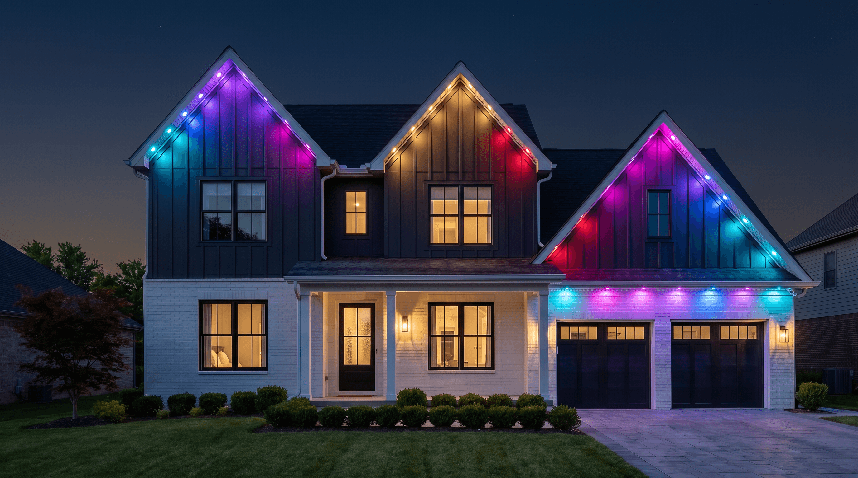 Same home at night with permanent outdoor lights blazing in cyan, purple, magenta, and gold along every rooflne and gable.