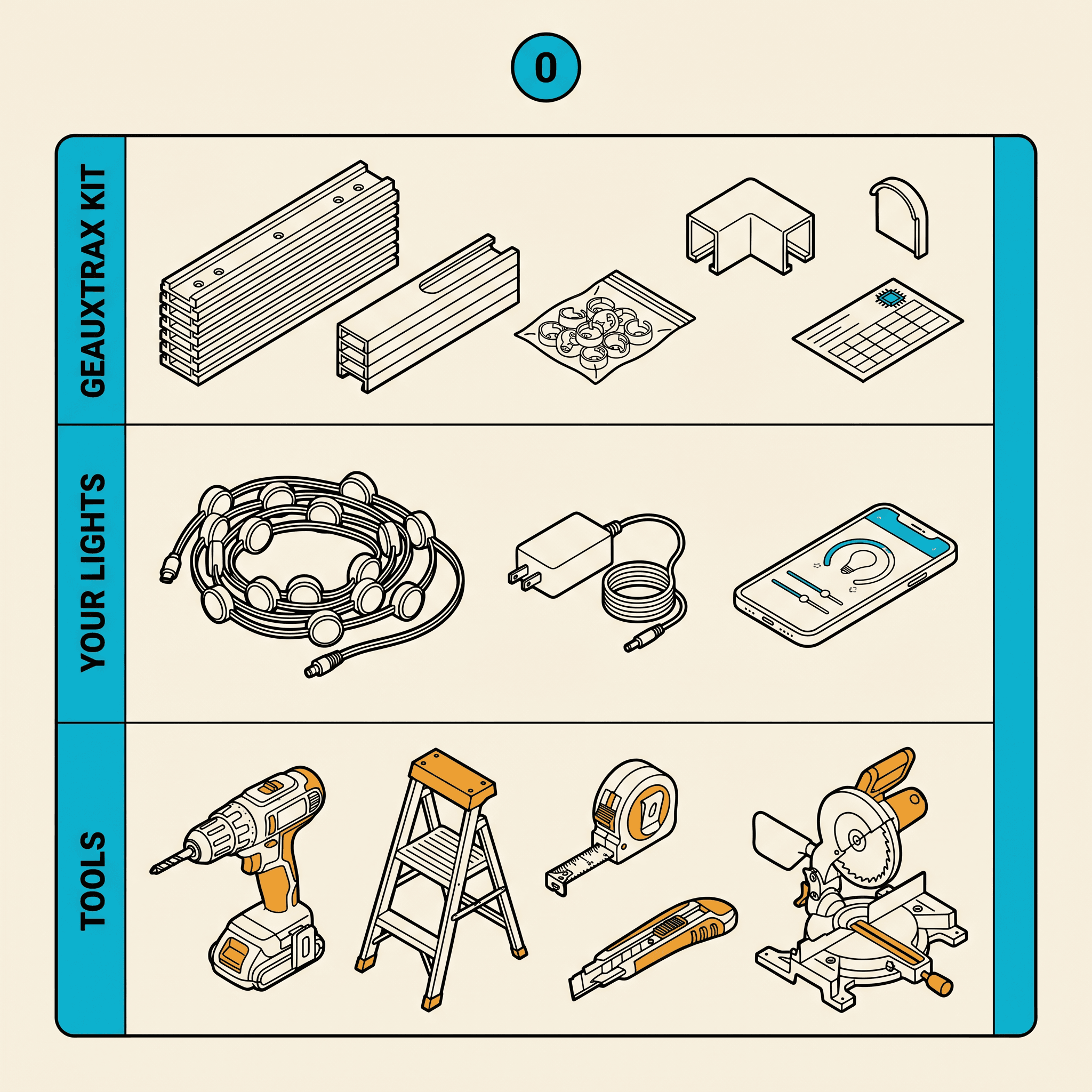 Illustrated reference panel showing three rows: GeauxTrax kit components, customer-supplied Govee Permanent Outdoor Pro lights with power adapter and phone, and tools (drill, ladder, tape, knife, miter saw).