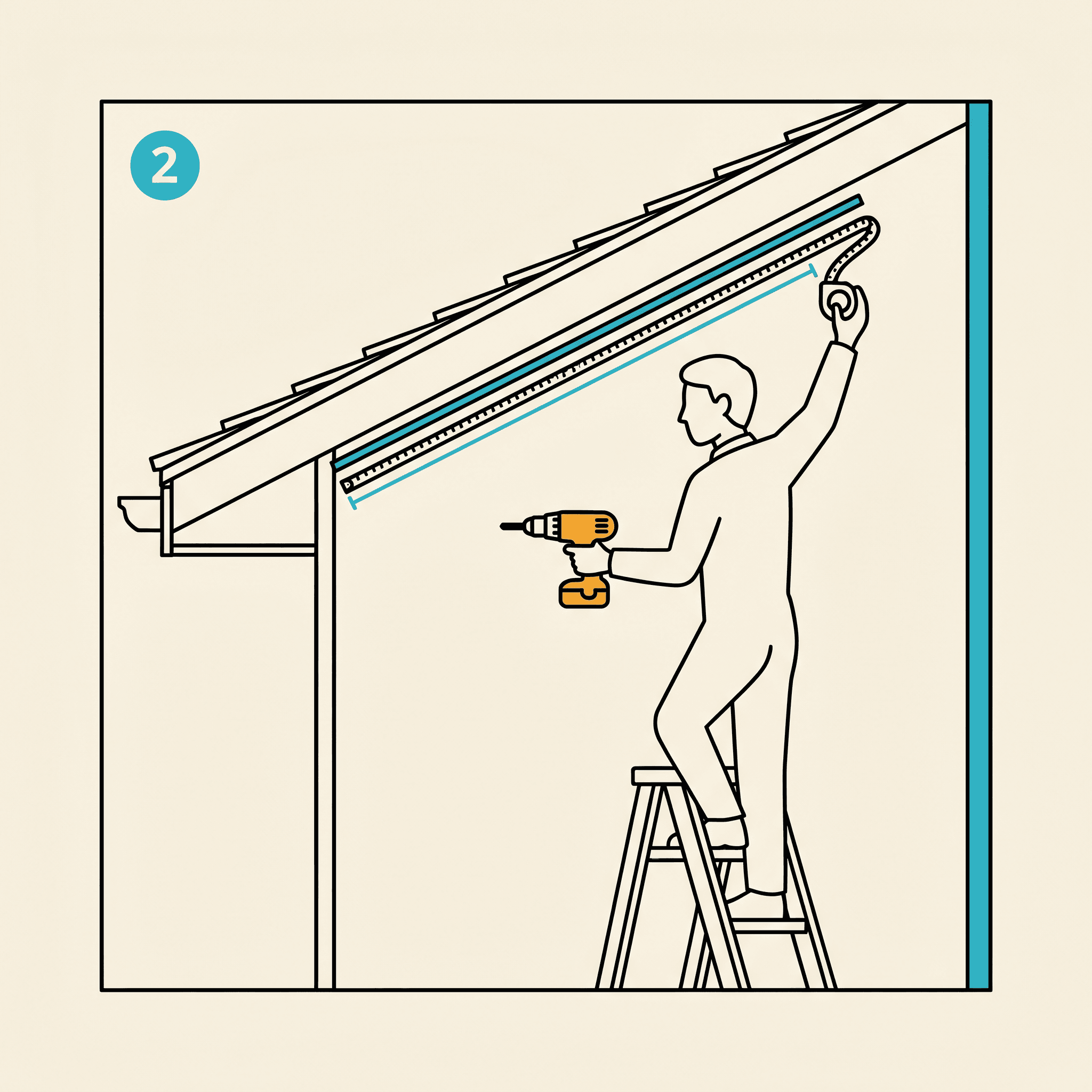 Illustrated panel showing a person on a stepladder marking and measuring along a fascia board below the roofline.