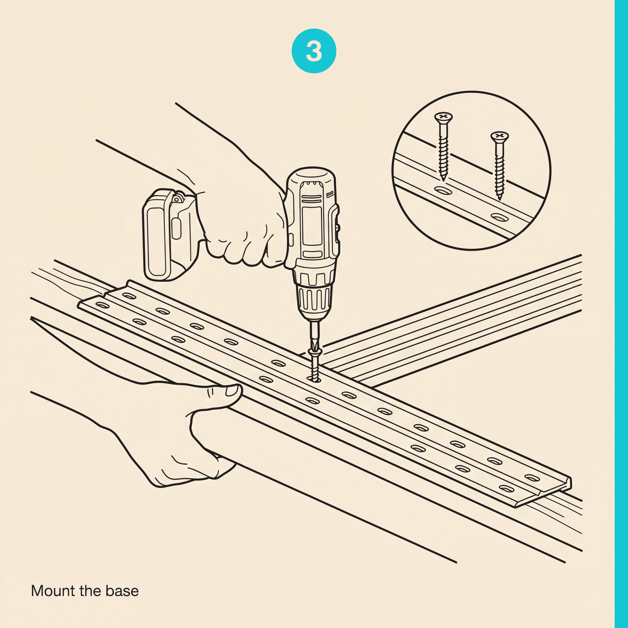 Illustrated panel showing hands using a cordless drill to drive screws through the pre-punched slots of a Screen Tight 1.5-inch porch base strip into a fascia board.