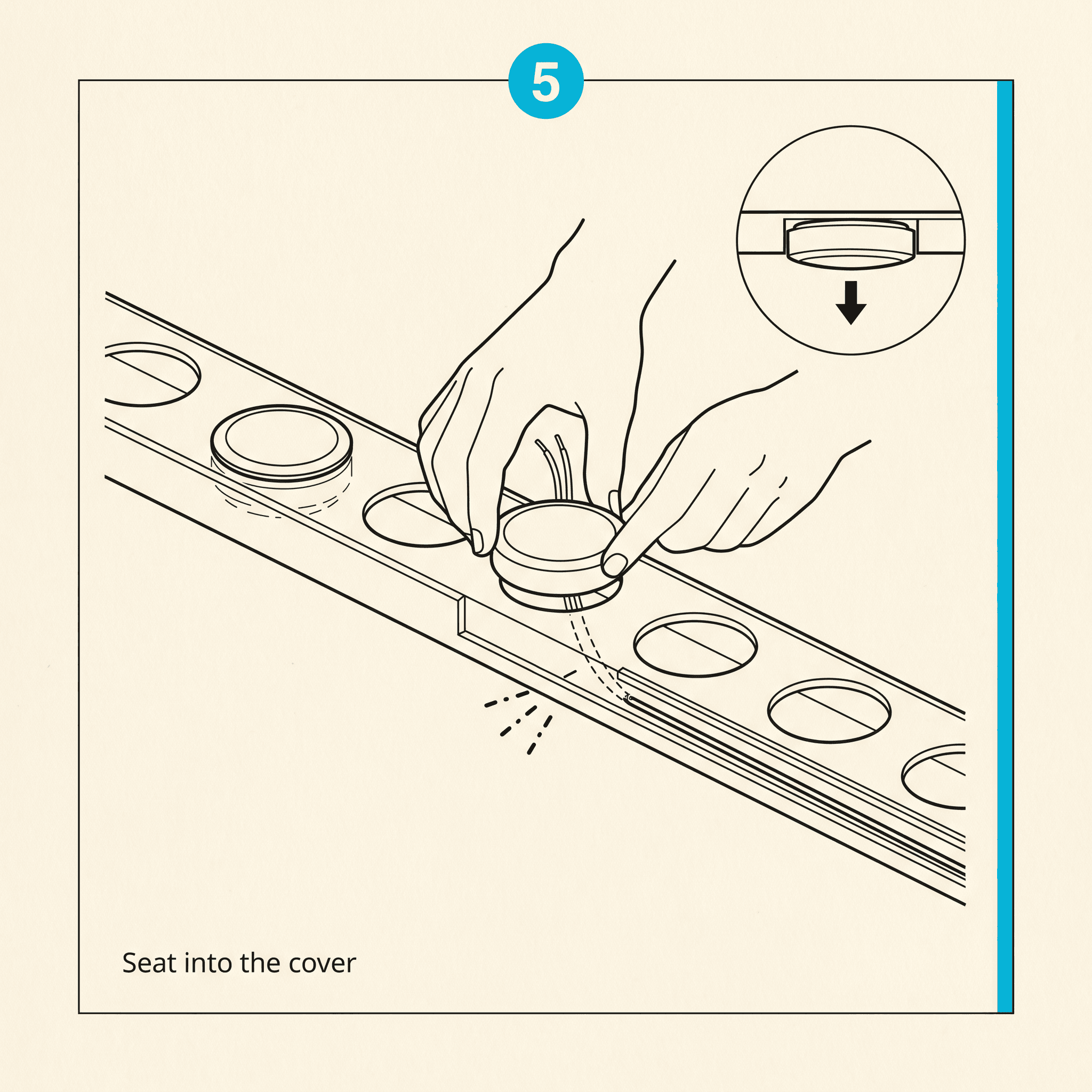 Illustrated panel showing two hands seating a Govee puck down into a circular cutout in a section of PETG track cover, lens pointing down, with a side-view inset showing the puck flush in the cutout.