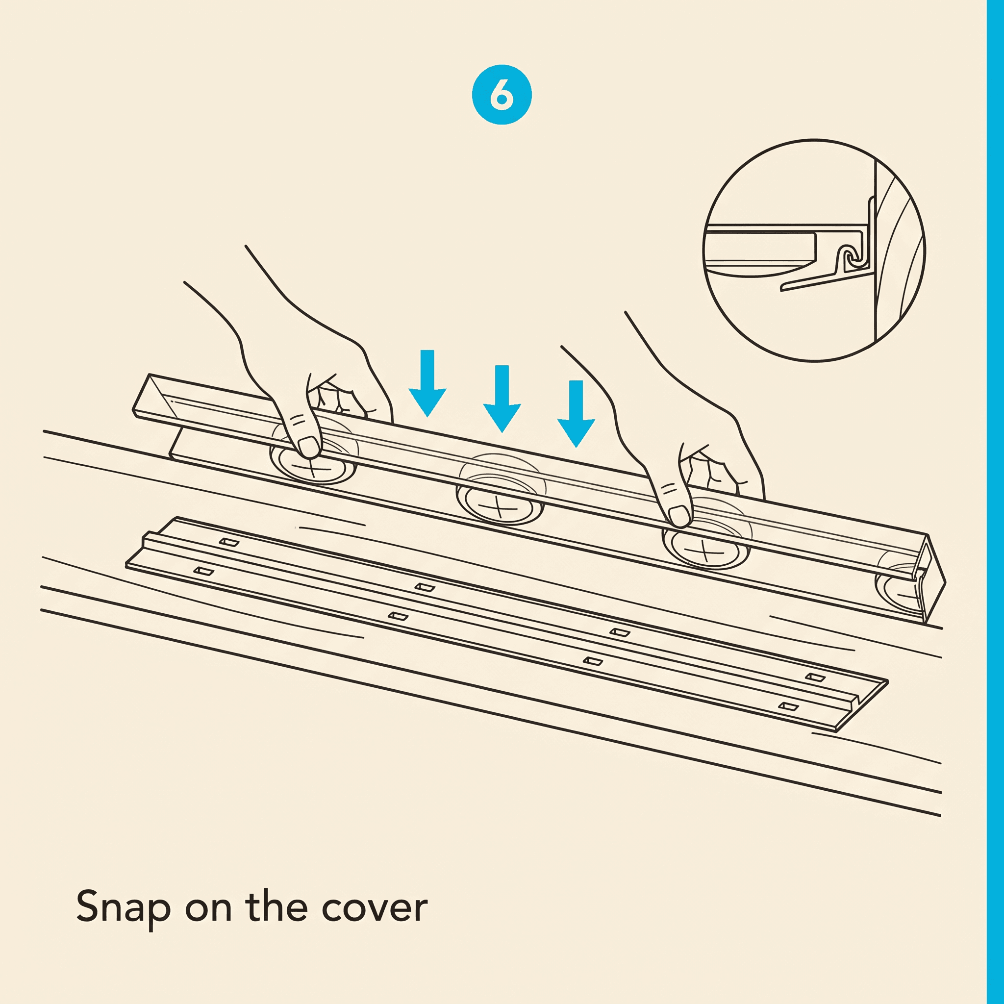 Illustrated panel showing hands pressing a PETG cover (already loaded with pucks in its cutouts) down onto a Screen Tight base strip, with a cross-section inset showing the cover snapping over the base ridge.
