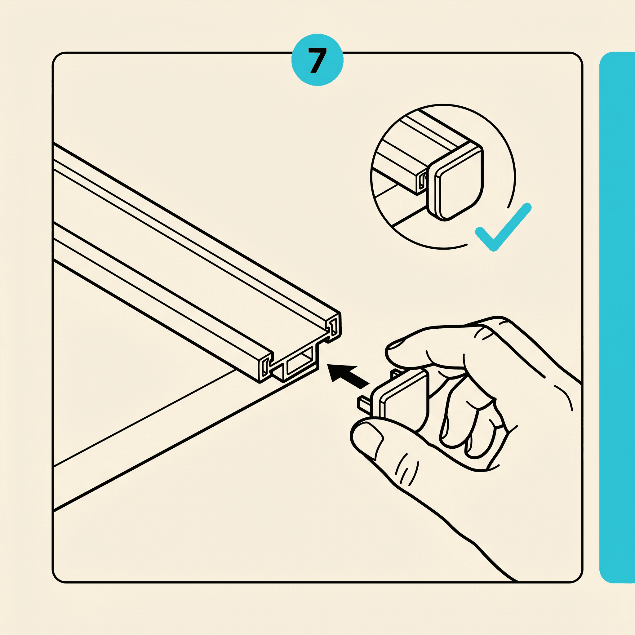 Illustrated panel showing a hand pressing a small white end cap onto the open end of an installed GeauxTrax track run.