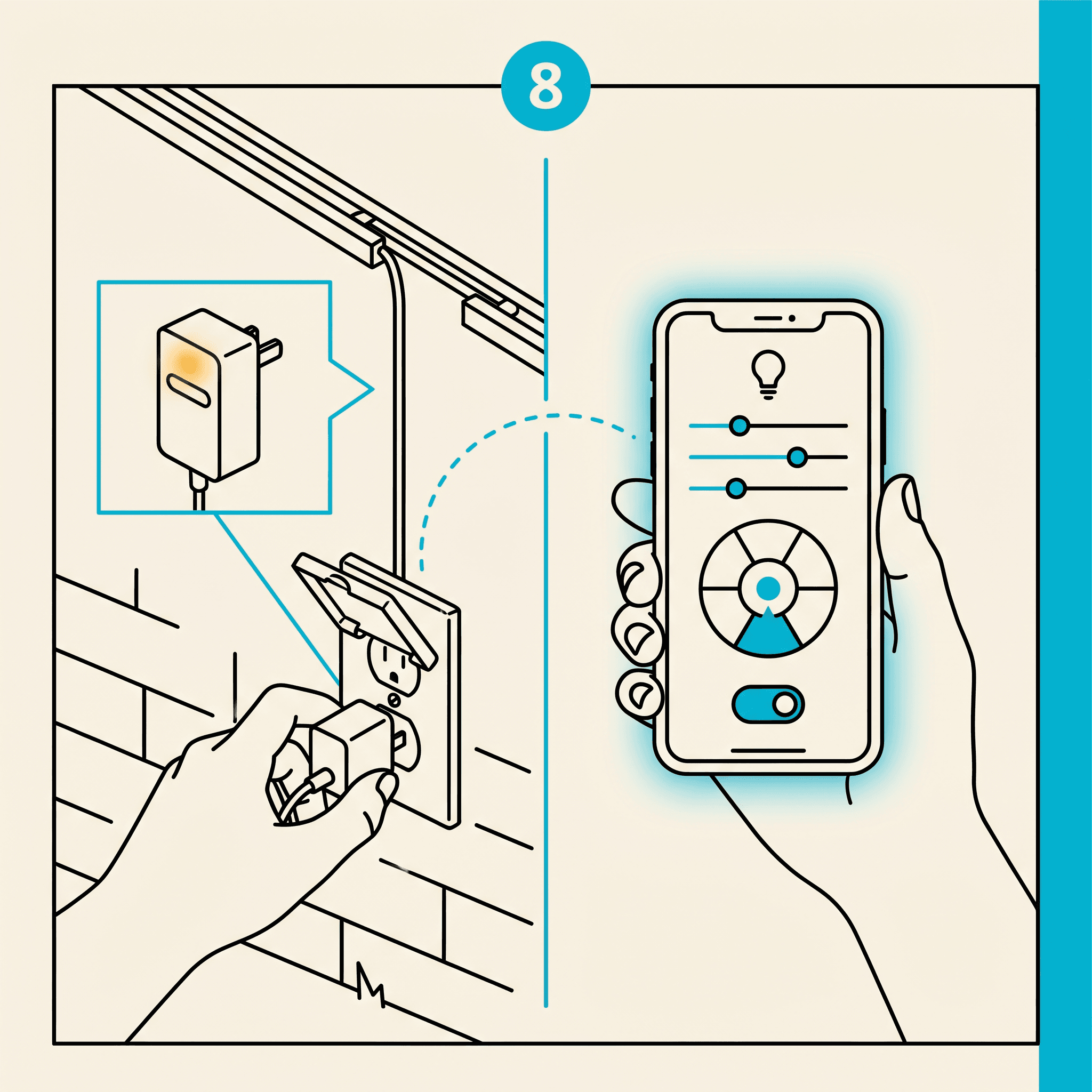 Illustrated panel showing a hand plugging a customer-supplied Govee power adapter into an outdoor outlet, with a smartphone showing a generic light-control app on the right.