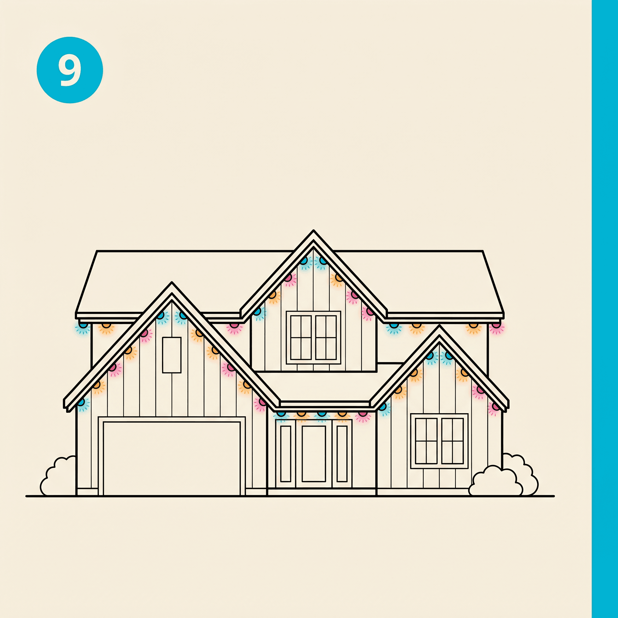 Illustrated panel showing a finished modern farmhouse with multicolor Govee pucks running along every eave and gable line.