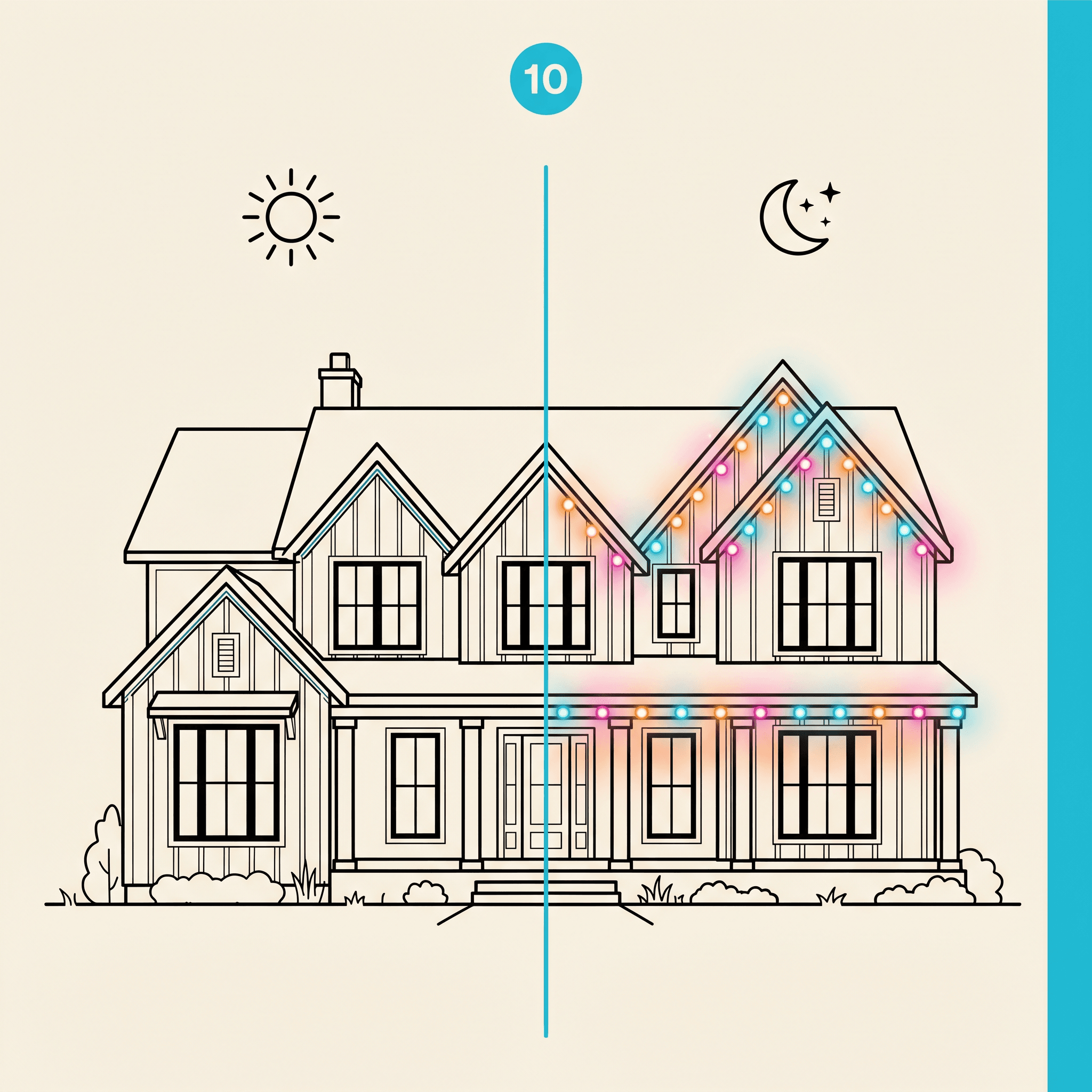 Illustrated split panel showing the same house in daytime (clean lines, low-profile track) and at night (glowing multicolor pucks along the eaves).