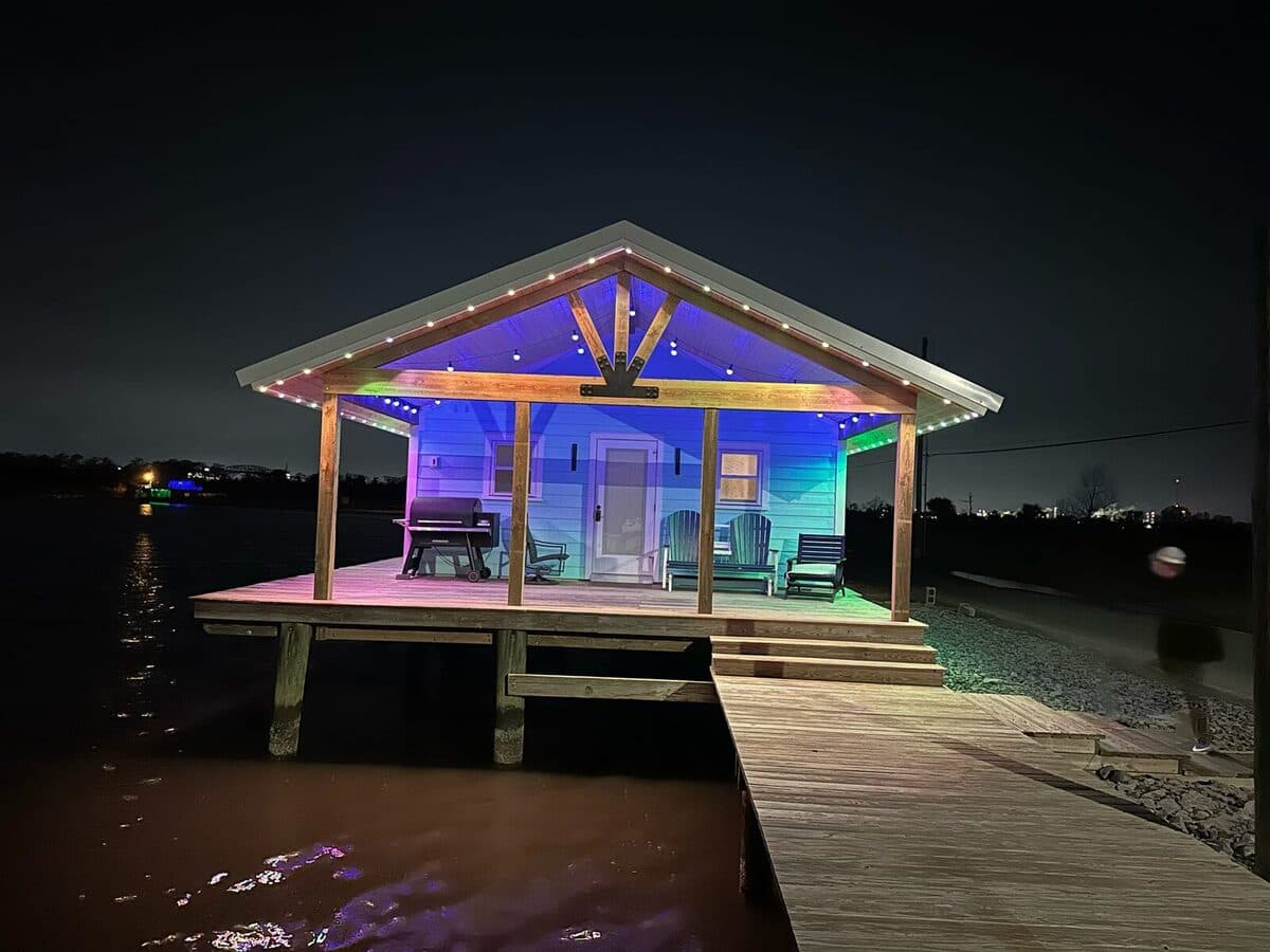 Govee Permanent Outdoor Pro installed with GeauxTrax PETG channel on waterfront fishing camp gable roofline