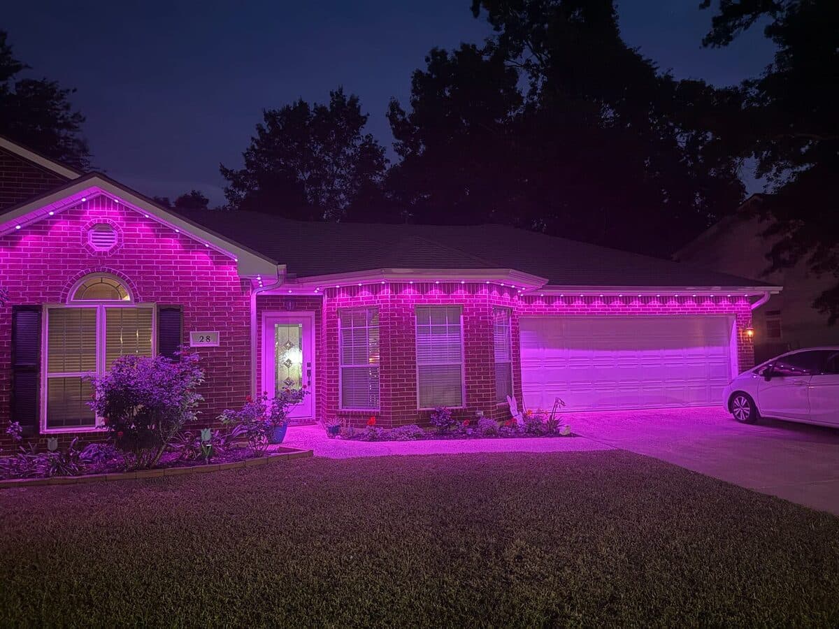 GeauxTrax PETG channel on two-story colonial home with Govee Permanent Outdoor Pro permanent lights