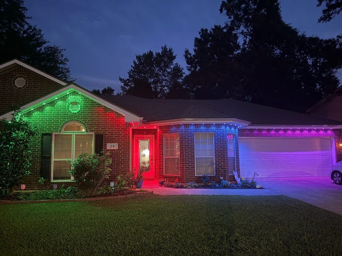Full roofline GeauxTrax PETG track install on large two-story home with Govee Permanent Outdoor Pro lights
