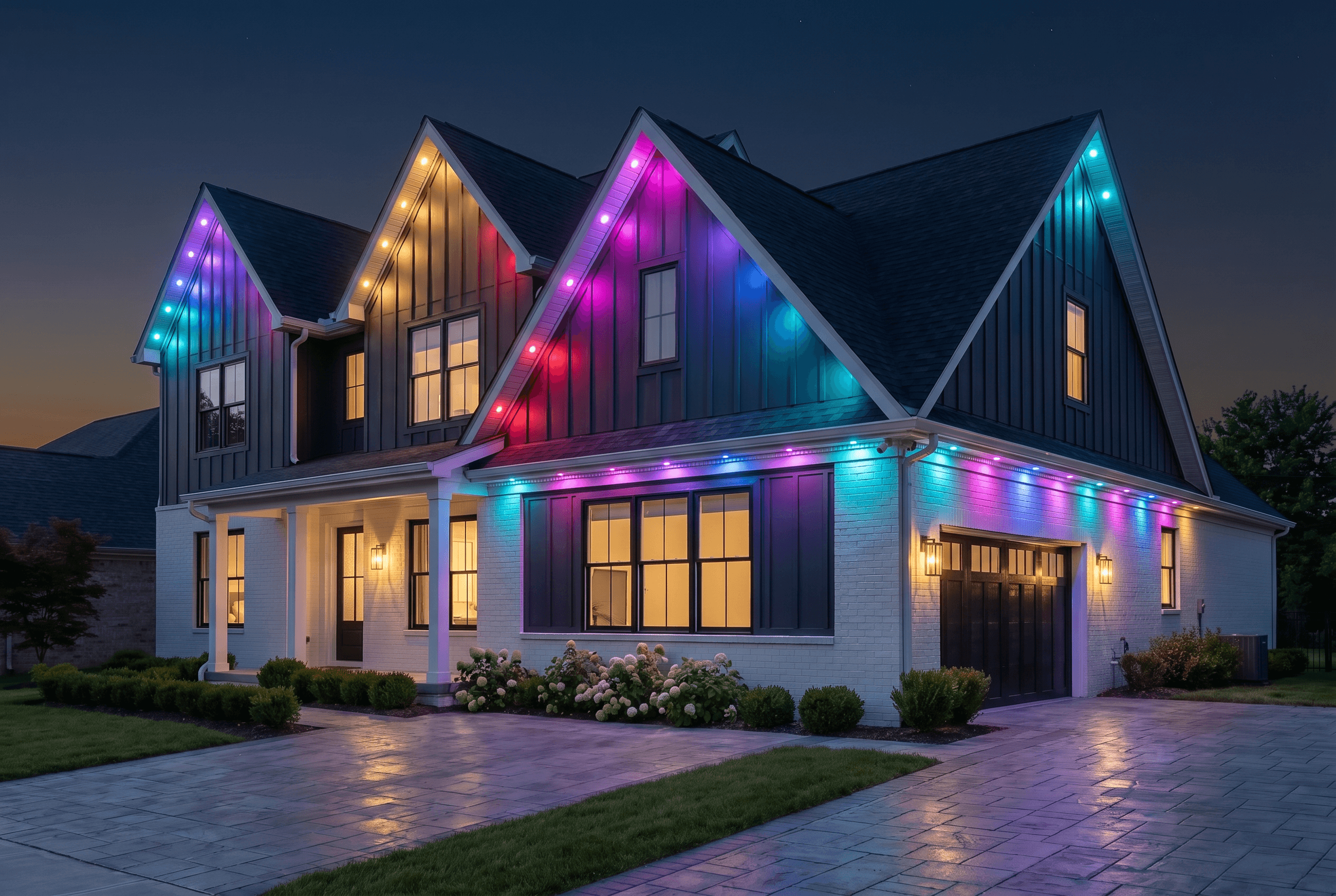 Modern farmhouse at twilight viewed from a three-quarter side angle, with multicolor Govee Permanent Outdoor Pro pucks installed in GeauxTrax PETG track running along every gable, eave, and side roofline.